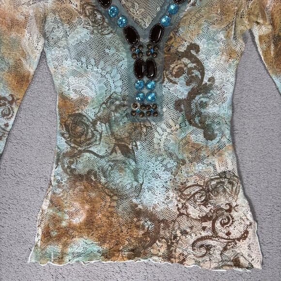 Boston Proper Lace Mesh Stretch Top Size XS Artsy Boho Layering Sheer Y2K Grunge - Picture 6 of 16